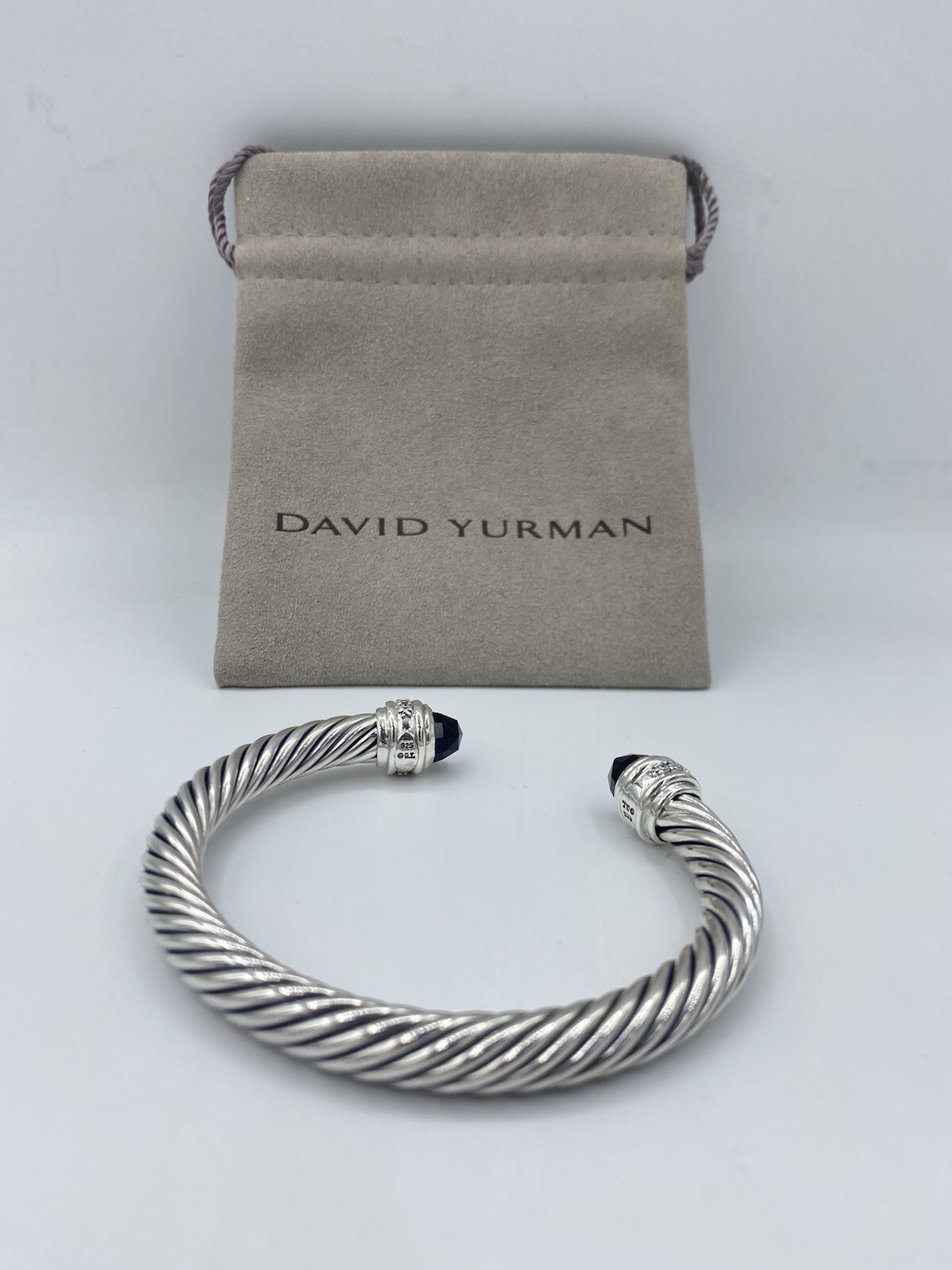 David Sterling Silver 7mm Classic Black Onyx Diamond Bangle Bracelet