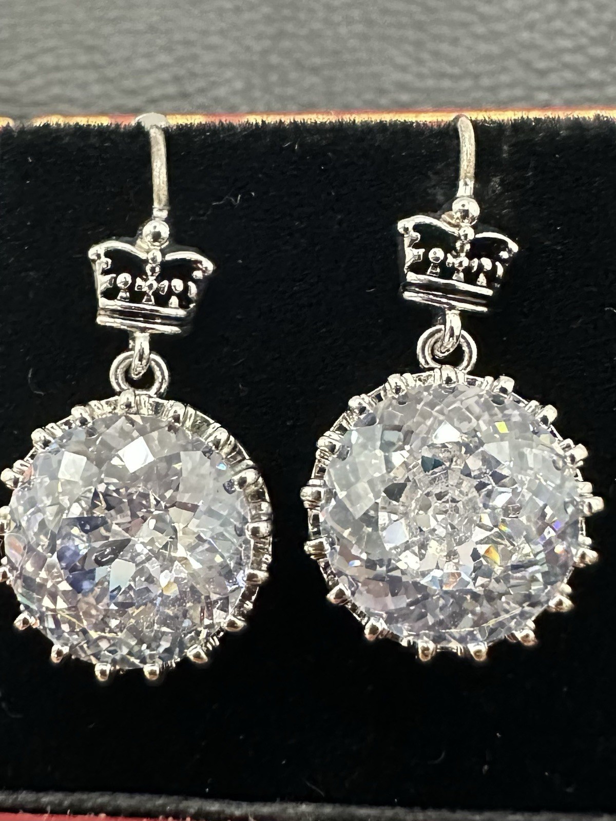 Silver Tone 11.3 Mm Round Cz Dangle Earrings With Crown Accent