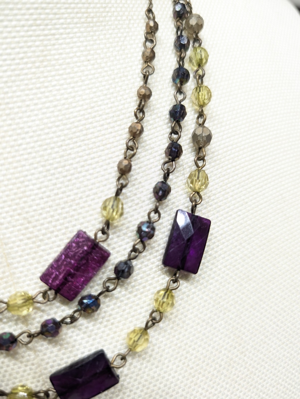 3 Strand Choker Necklace Purple Oblong Chunks w/Yellow & Tiny Brass Beads