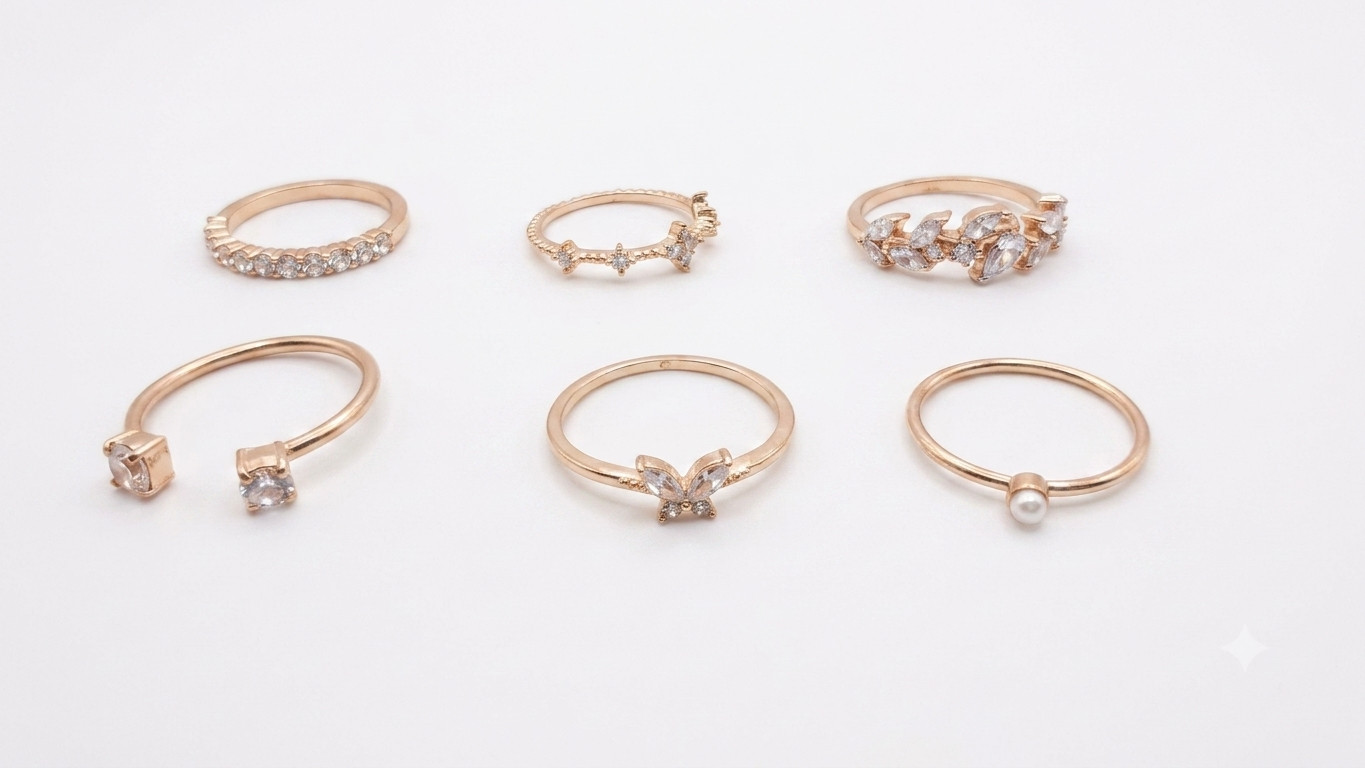 6Pcs Gold Tone Butterfly Pearl Ring Set For Women Cute Crystal Stackable Women