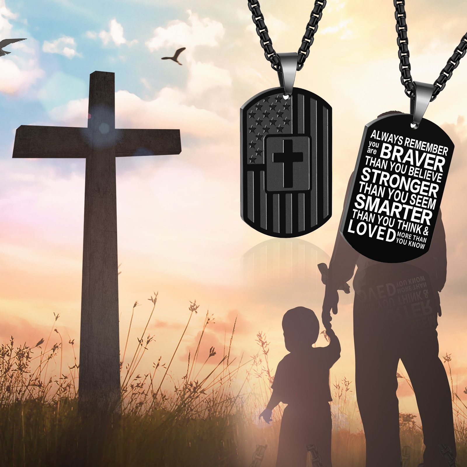 Men Boys American Flag Bible Verse Pendant Dog Tag Cross Inspirational Necklace