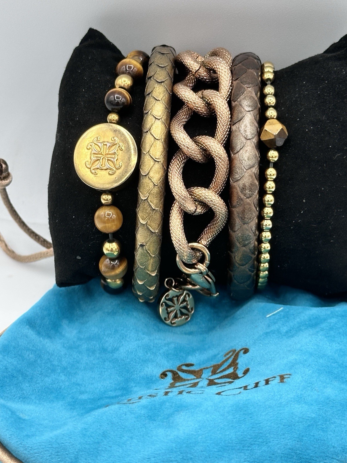 Rustic Cuff 5 Bracelet Stack Snakeskin Tiger Eye Chain Bronze Goldtone RC
