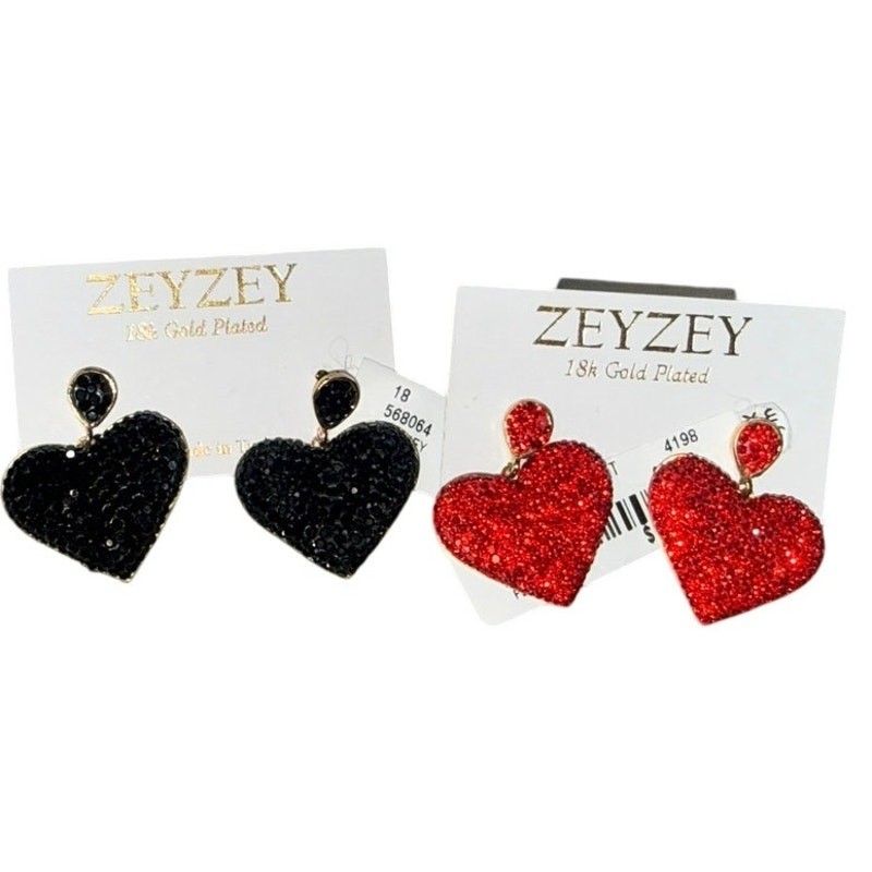 NWT ZEYZEY Red Black CZ Pave Heart Earrings 18K Gold Plated Set Gift Sparkly