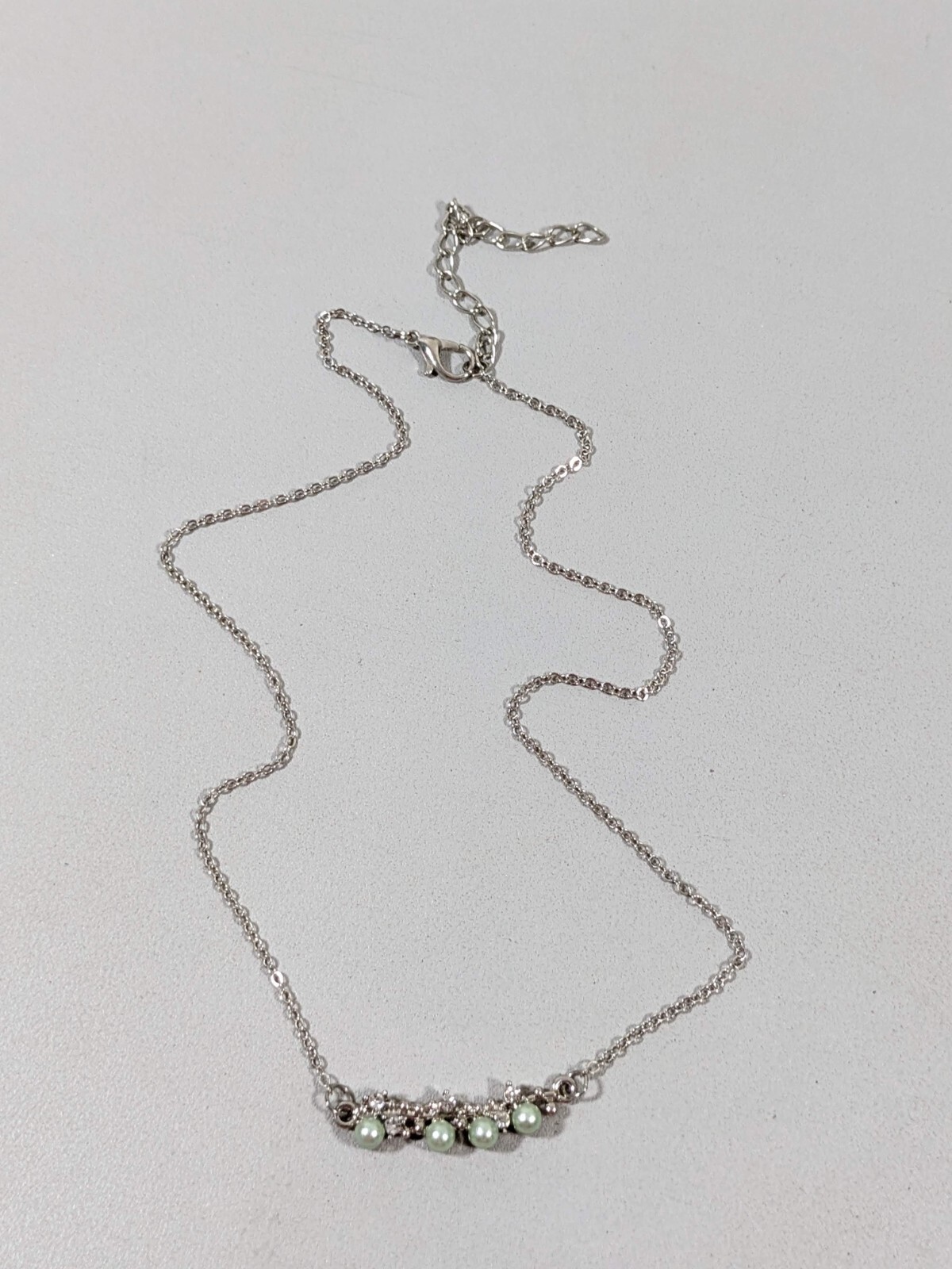 Silver Tone Green Faux Pearl Crystal Bar Pendant Necklace 19 inches