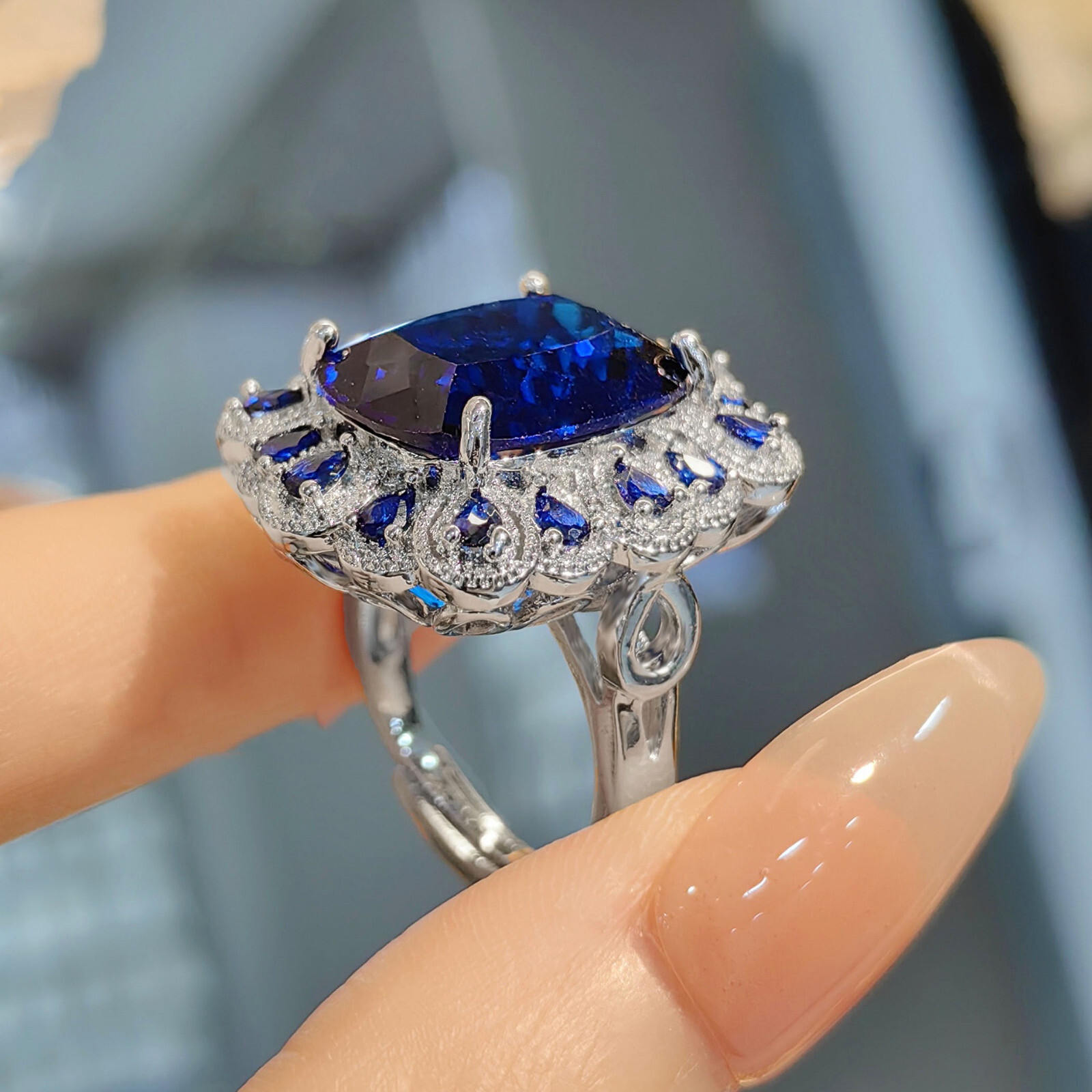 3pc European Royal Blue Topaz Gemstone Luxury Women Silver Necklace Ring Earring