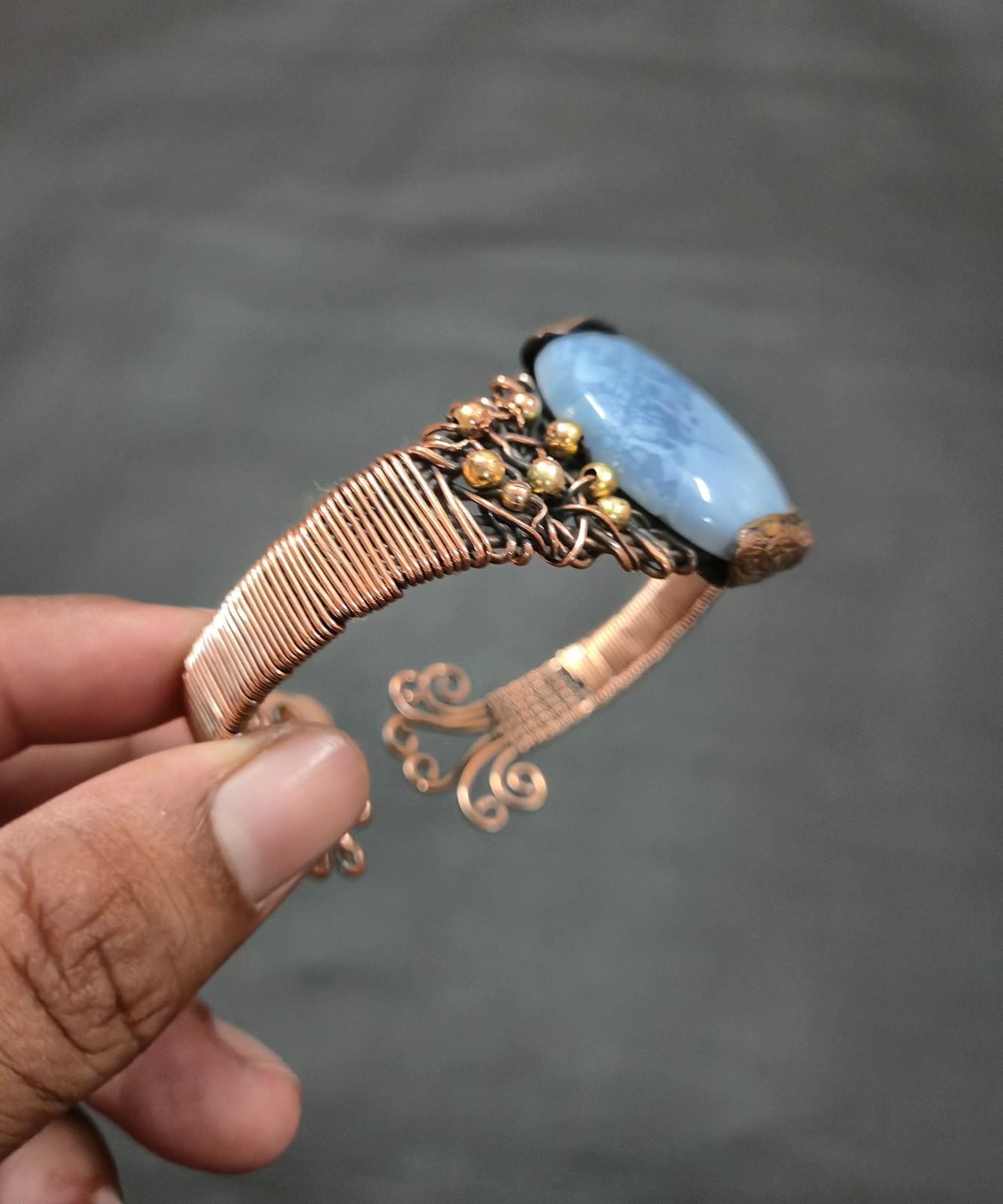 Owyhee Opal Gemstone Bracelet Copper Wire Wrapped Cuff Adjustable Bracelet