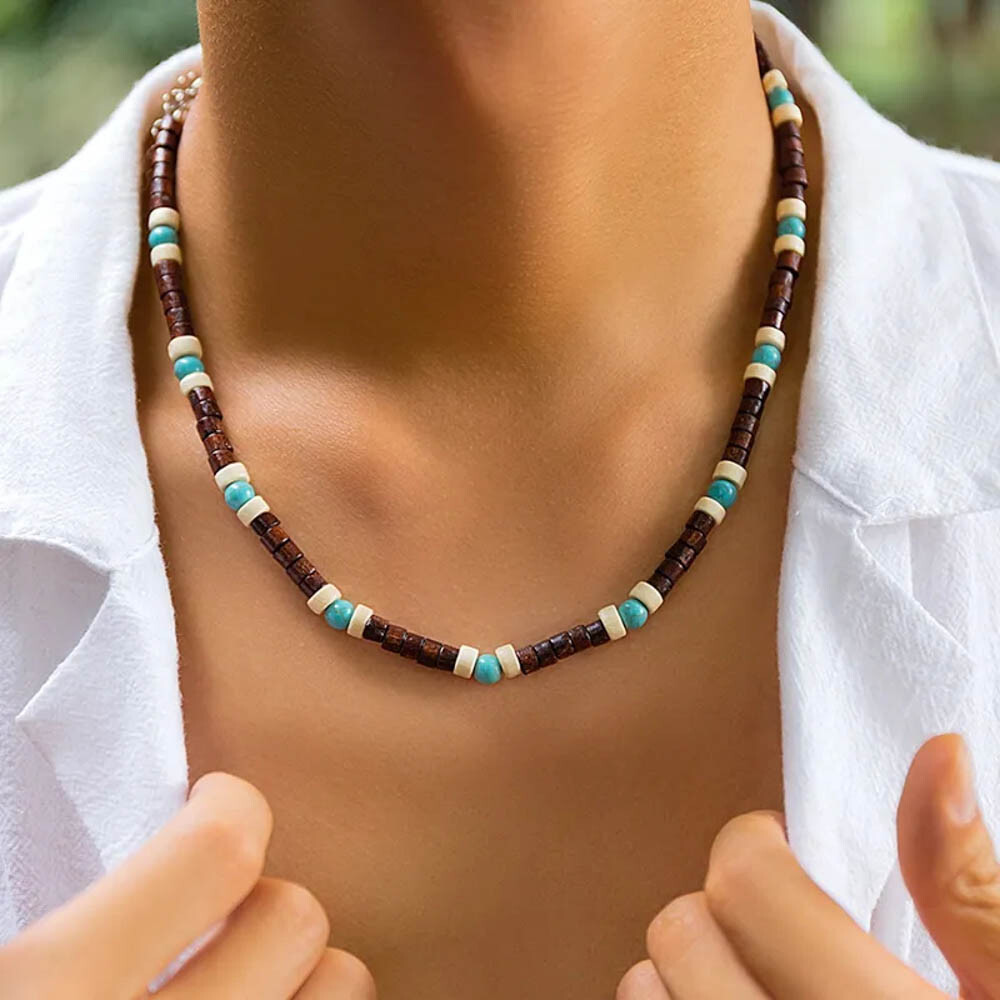 Bohemian Surfer Necklace For Men – Wood & Turquoise Beads, Adjustable 18″+2.7″