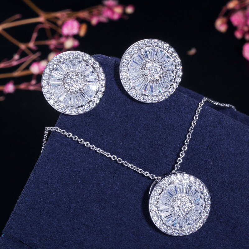 Silver Plated CZ Crystal Women Fashion Round Cubic Zirconia Necklace Earring Set