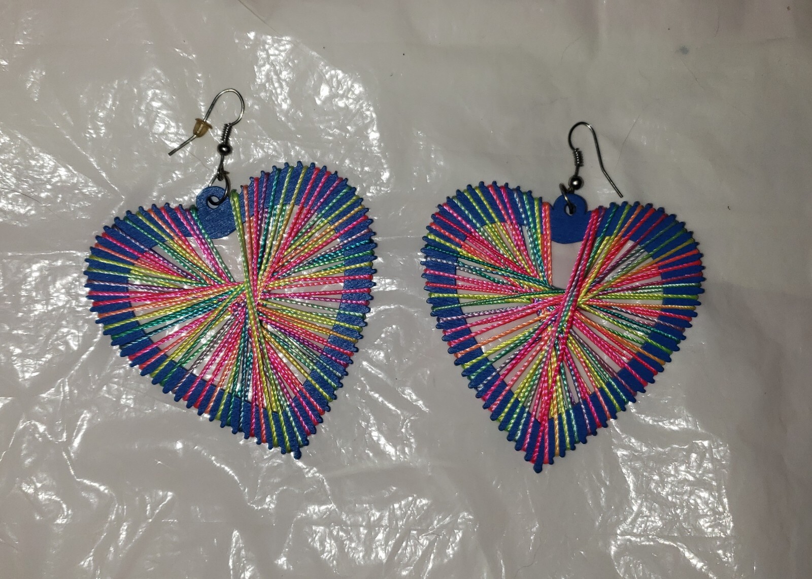 Multicolored String Art Blue Wood Heart Shaped Hook Dangle Earrings, Large