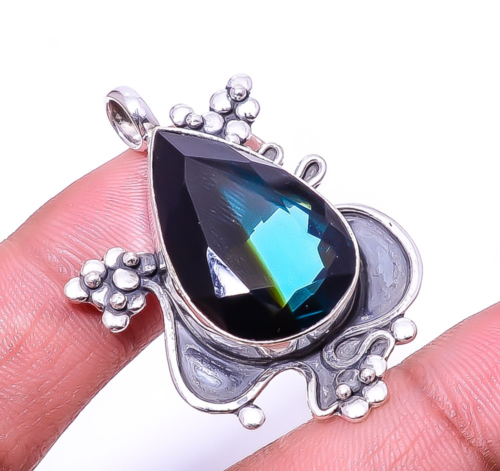 Bi-Colour Tourmaline Oxidised Designer 925 Sterling Silver Pendant 1.56″ P70