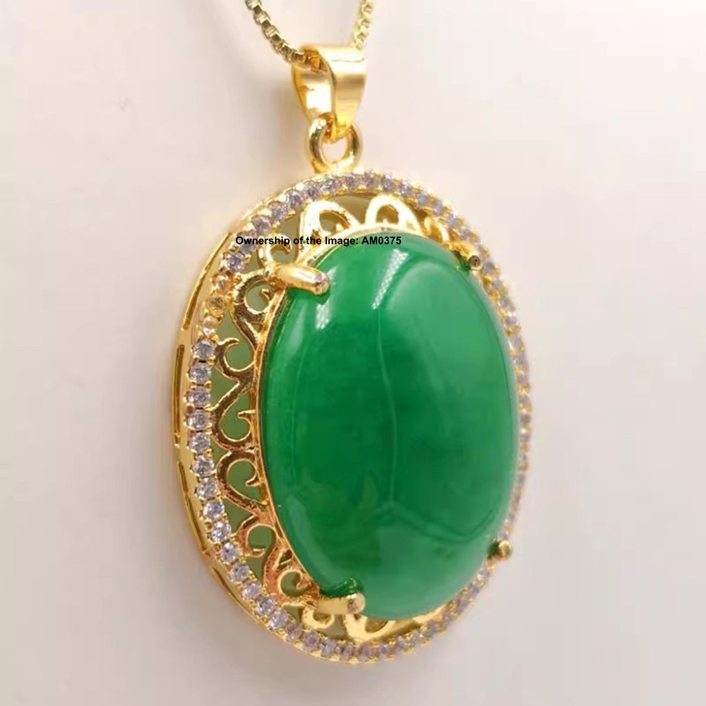 New Yellow Alloy Heating Jade Pendant Zircon and Green Oval Jade Pendant 37mm H
