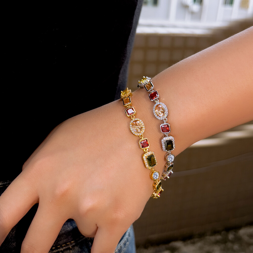 Women Boho Gold Plated Colorful Cubic Zirconia Chain Bracelet Party Jewelry Gift