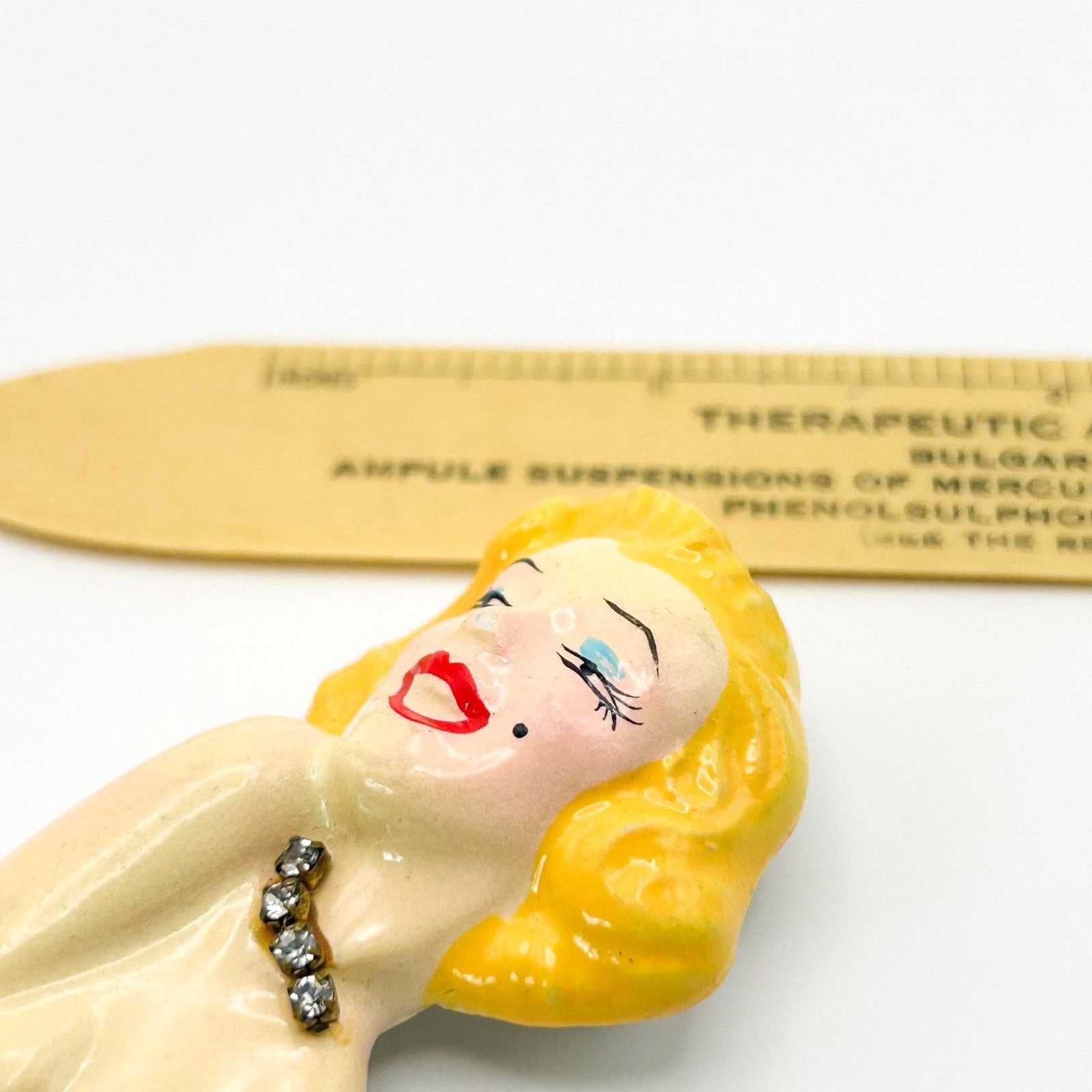 Signed 1988 Marilyn Monroe Brooch Hand Painted Clay Embellished with Crystals