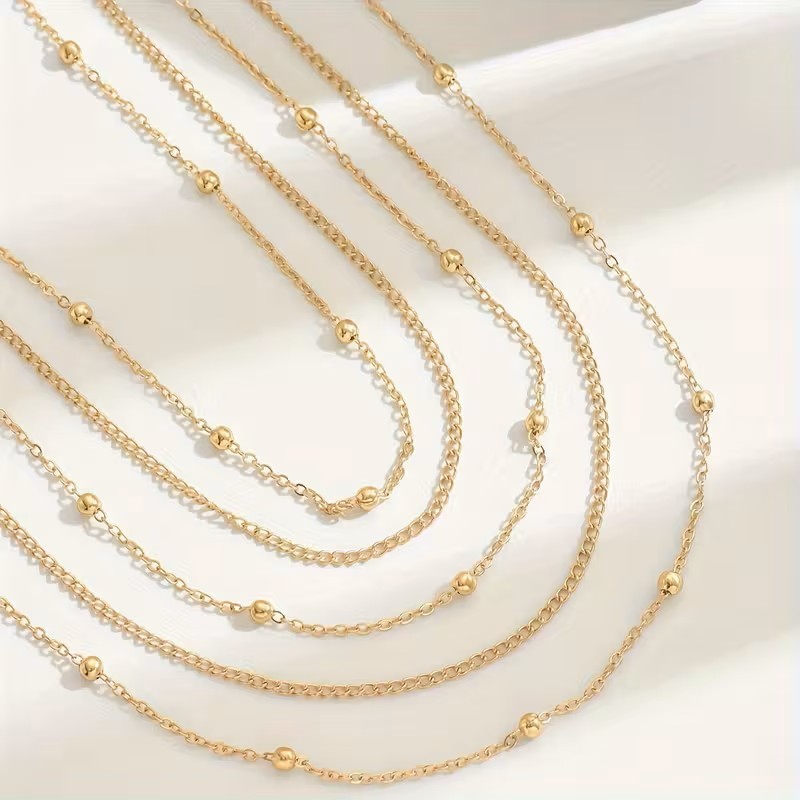 Gold Layered Multi Strand Beaded Chain Necklace Adjustable Choker Boho Statement