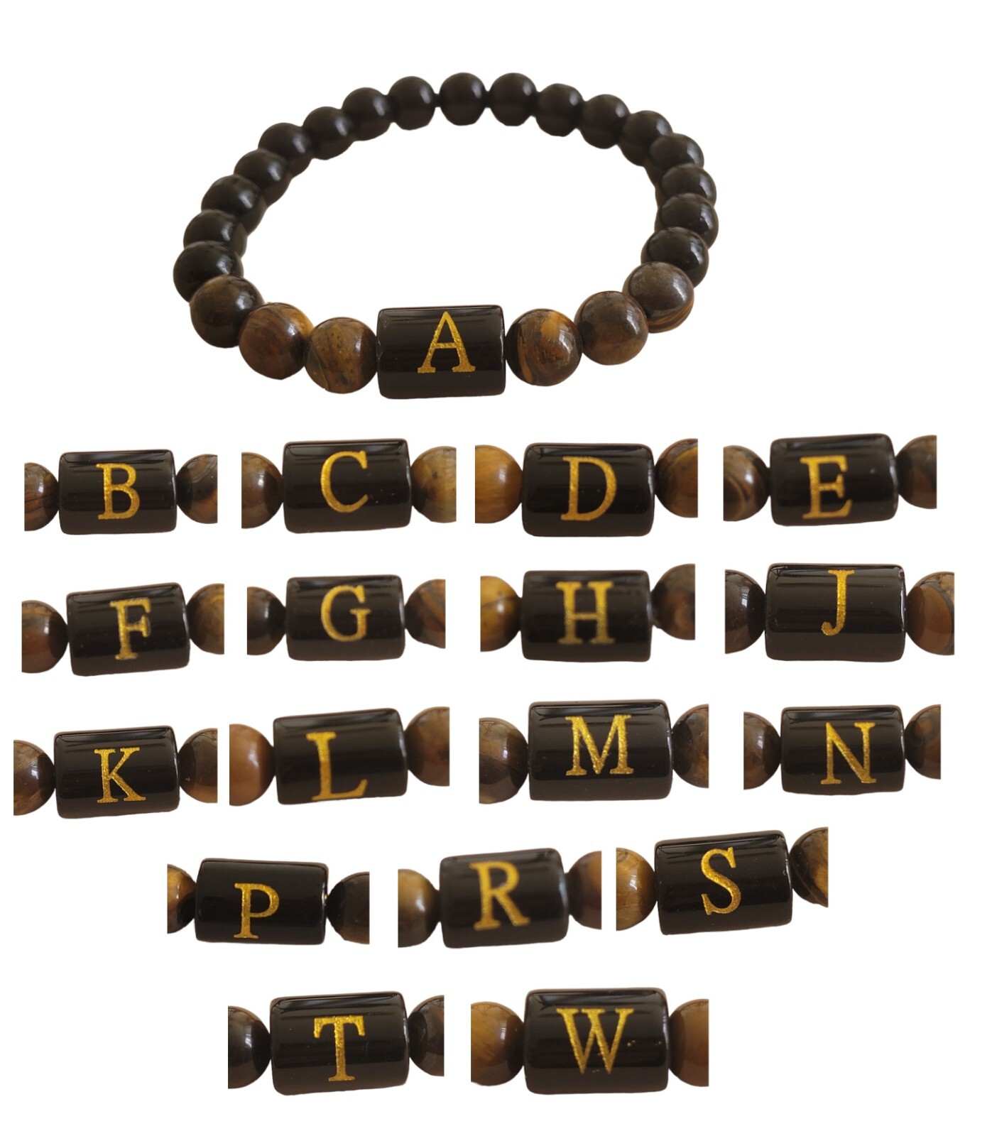 Initial Letter Bracelet 8 mm Black Onyx & Tiger Eye Stone Beads Elastic Bracelet