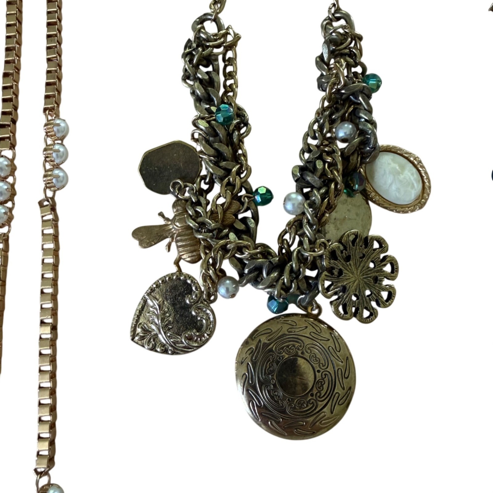 Vintagenspired Charm & Pearl Statement Necklaces Gold-Tone Chains