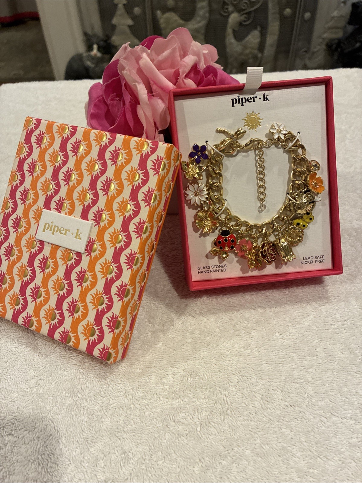 Piper K Flower Charm Bracelet Glass Stones Hand Painted Enamel Gold Tone NEW