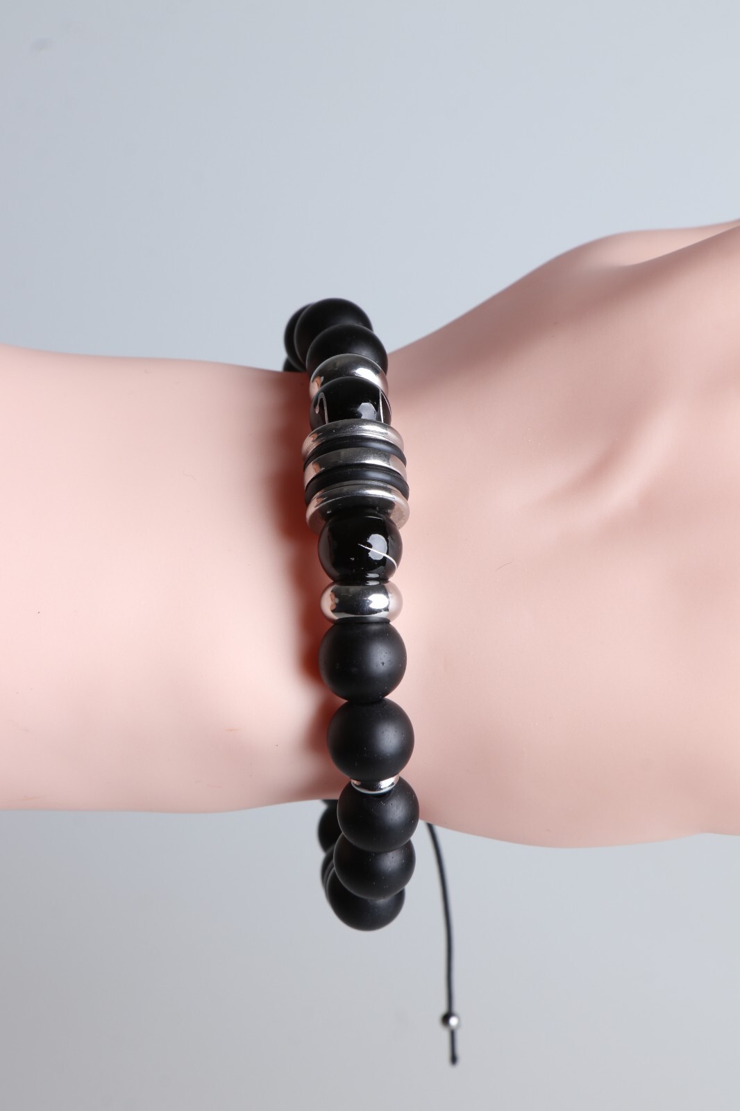 Pulsera Negra Para Hombres cuentas Ágata Onix Ágata Rayada Y Acero Inoxidable