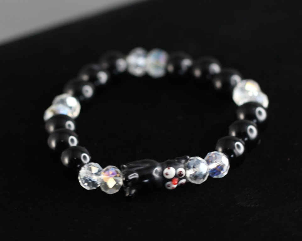 Black Cat Lampwork Bracelet 7″ Elastic Glass Beads Crystal Black Onyx Felix