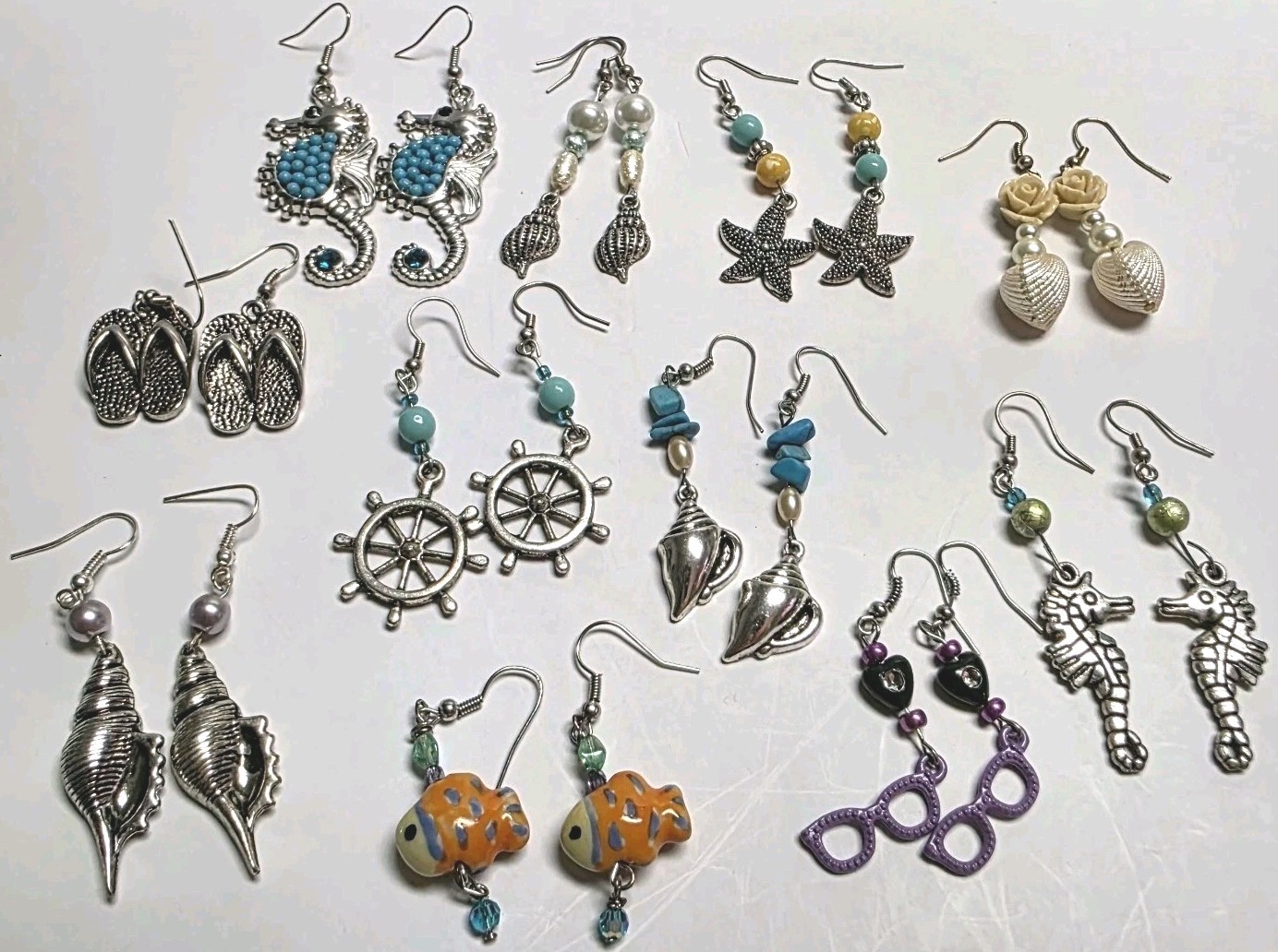 Handmade Beach Nautical Boho Dangle Earrings Lot 11 Seahorse Shell Starfish Set