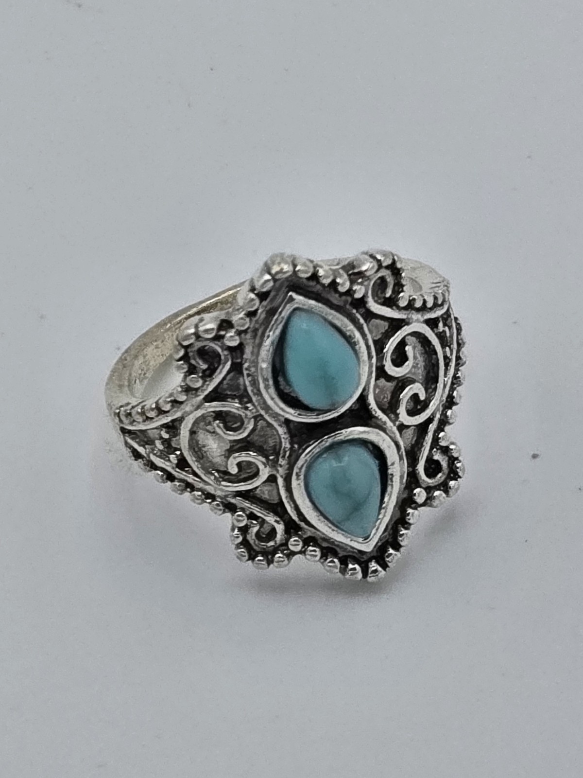 Turquoise Cabochon Pear Gemstone Antique Handmade Oxidized Engraved Ring US-7