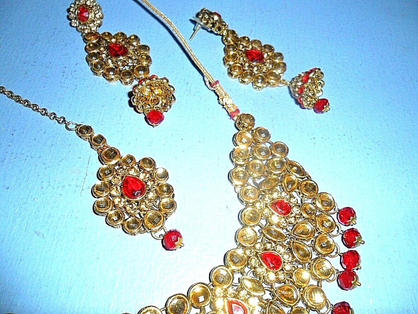 Ruby Faceted Bollywood CZ Wedding Choker Necklace Drop Earring Jewelry Set