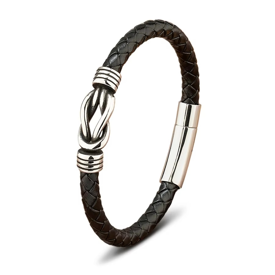 Mens Braided Leather Knot Bracelet Stainless Steel Charm Clasp Hook Bangle Gifts