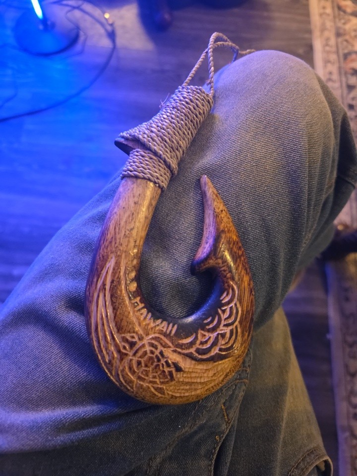 Carved Wooden Fish Hook Charm Pendant Cord Necklace, Brown Tribal