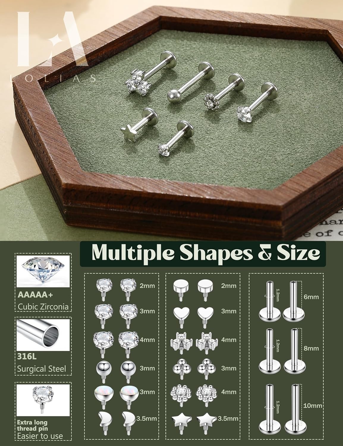 16G 18G Flat Back Stud Earrings for Women – Hypoallergenic Surgical Steel Int…