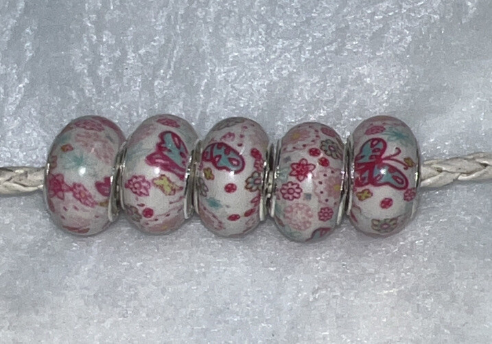 5 Pretty Glass Beads Fit European Style Charm Bracelet #141 Stamped Silver