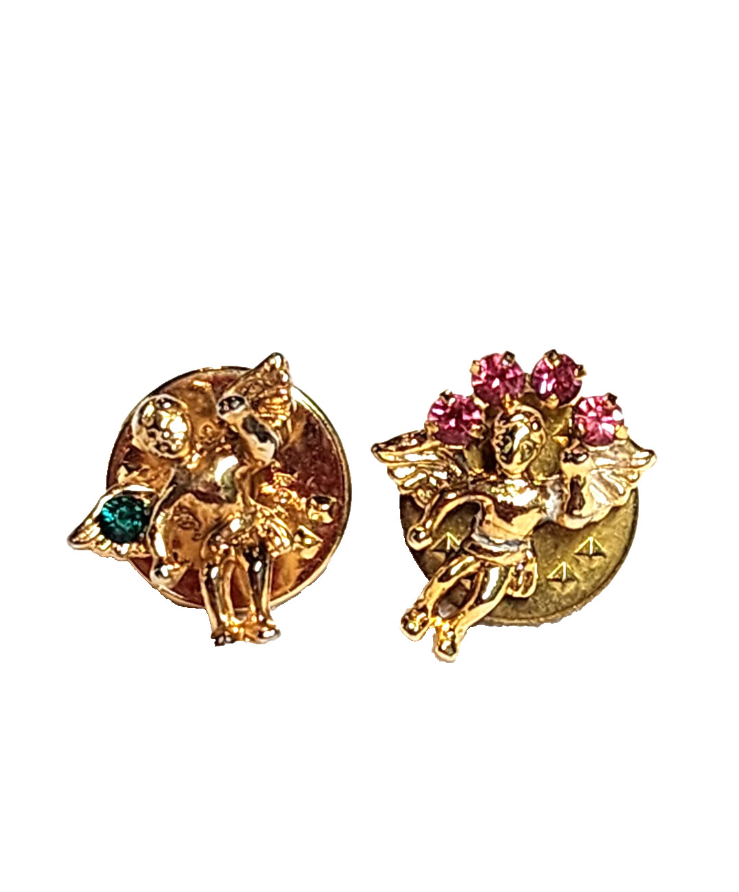 Lot Of 2 Vintage Guardian Angel Cherub Pins Pink & Green Rhinestones Gold Tone