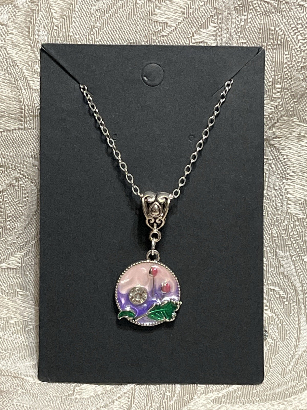Retro Floral Gem Enamel Pendant Silver 18” Necklace Bohemian Floral Novelty