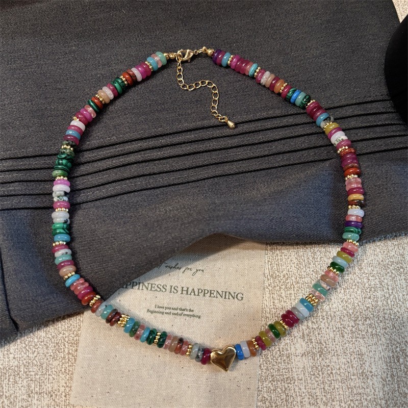 Rainbow Dopamine Natural Stone Necklace, Luxury Heart Pendant Choker Sweater Cha