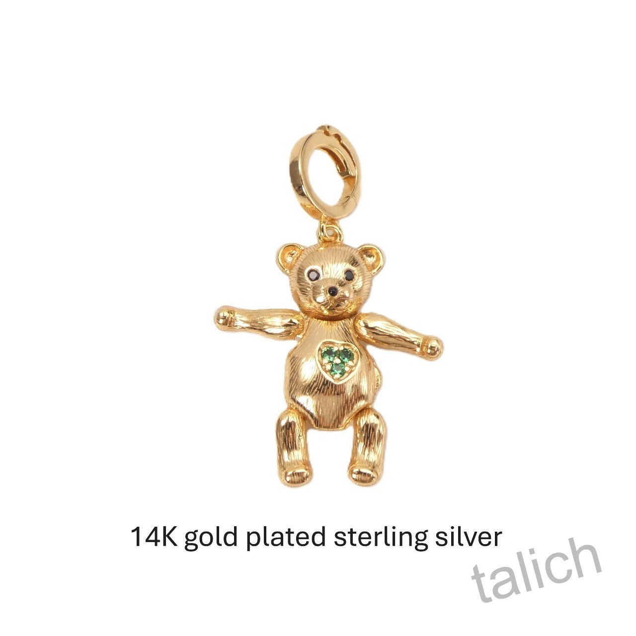 14K Gold Plated Sterling Silver CZ Teddy Bear Locket Charm Pendant Movable Arms