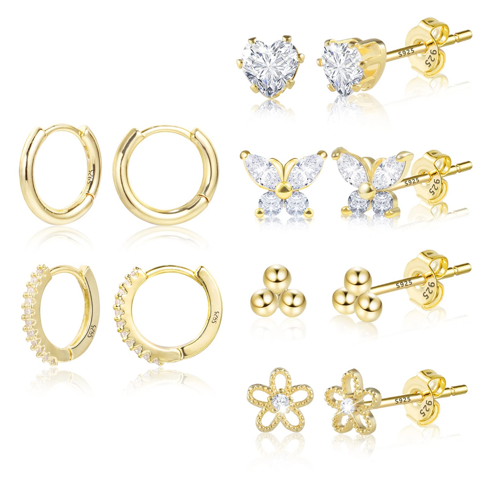 6 Pairs 14K Gold Earrings Set Studs and Small Huggie Hoop Earrings Multiple P…