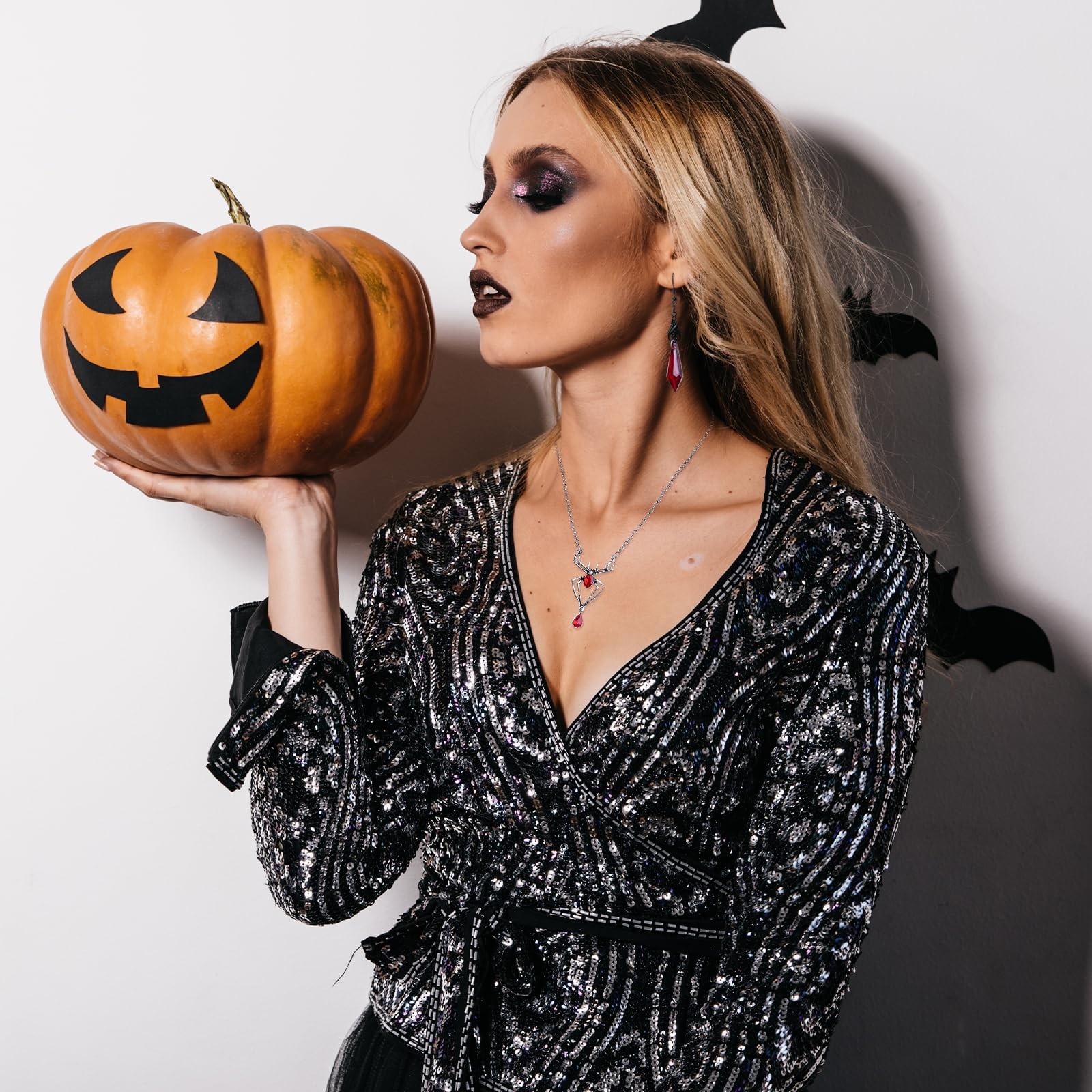 Women’s Gothic Halloween Jewelry Set — Black Bat & Spider Pendant Collar Neck…