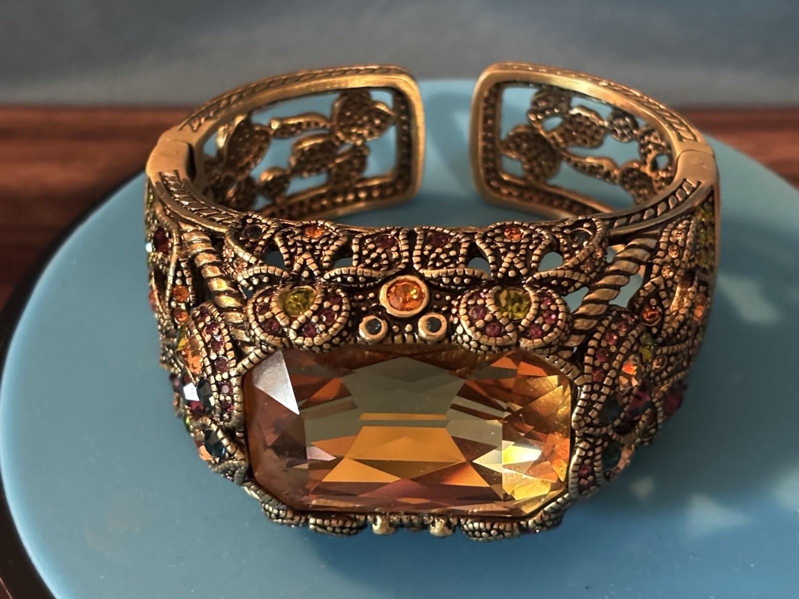 Heidi Daus Signed Adjustable Bracelet & Ring Set Gold Tone Orange Crystal