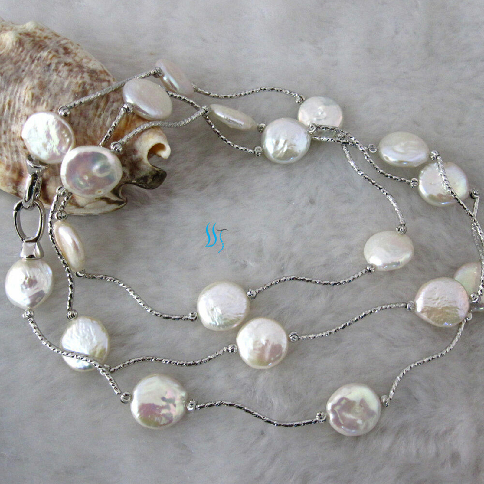12-13mm Natural Freshwater Cultured Baroque Coin White Pearl Necklace 35 in