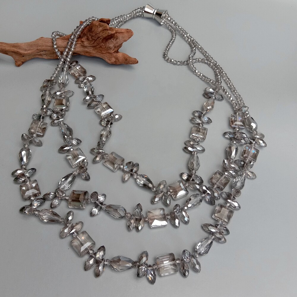 3 Rows 13mm Gray Crystal Statement Necklace Women Strand Necklaces