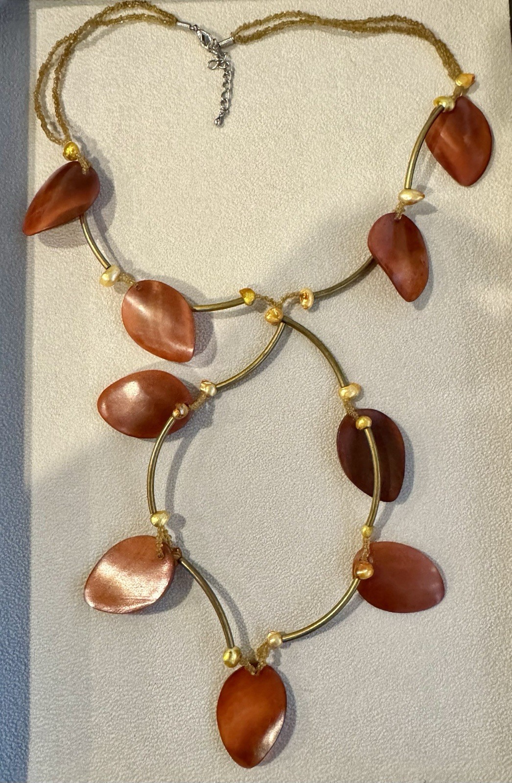 Vintage Mother of Pearl Shell Leaf Necklace Statement Boho Artisan Statement Bib