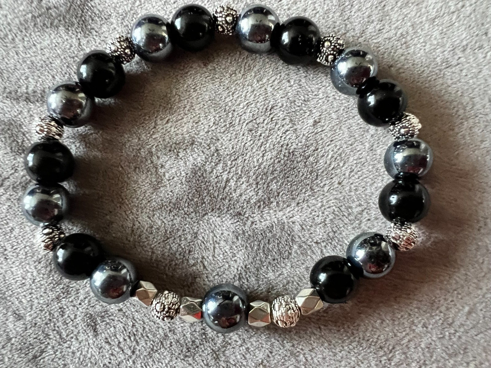 handmade elastic unique stone beads & silver accents bracelet