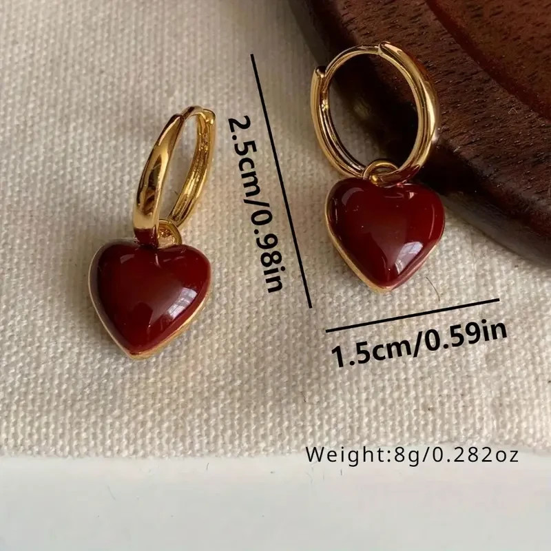 Elegant Red Heart Pendant Dangle Drop Earrings Golden Toned Valentine’s Day