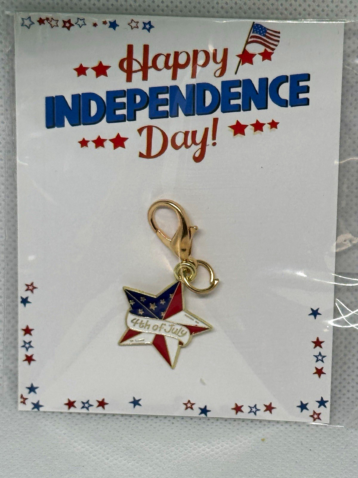 Gold/Red/White/Blue Enamel Star Dangle Charm w/ Lobster Clasp, 4th of July