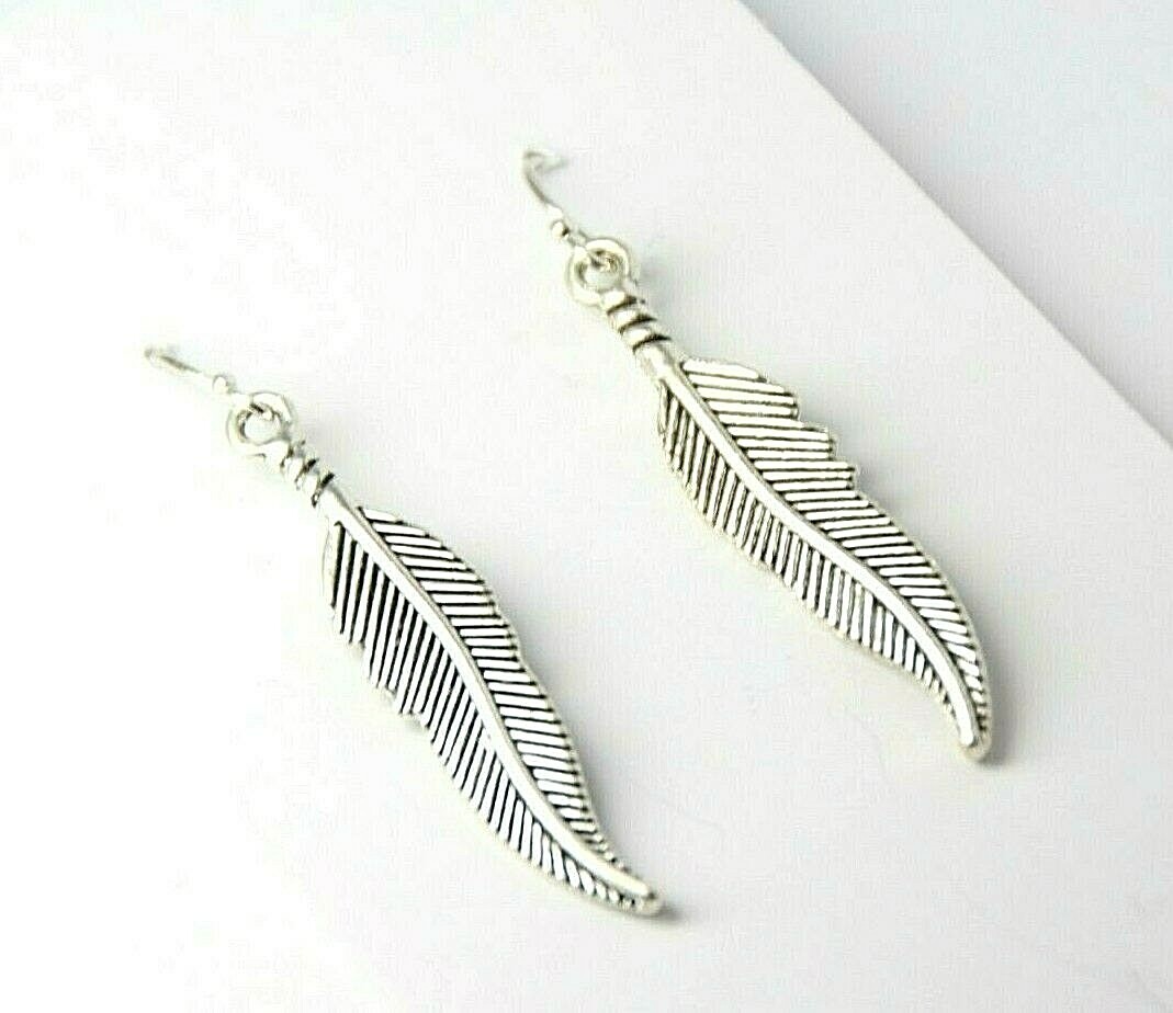 Feather Charm Earrings 925 sterling silver hooks pewter charms 1 3/4″ Southwest