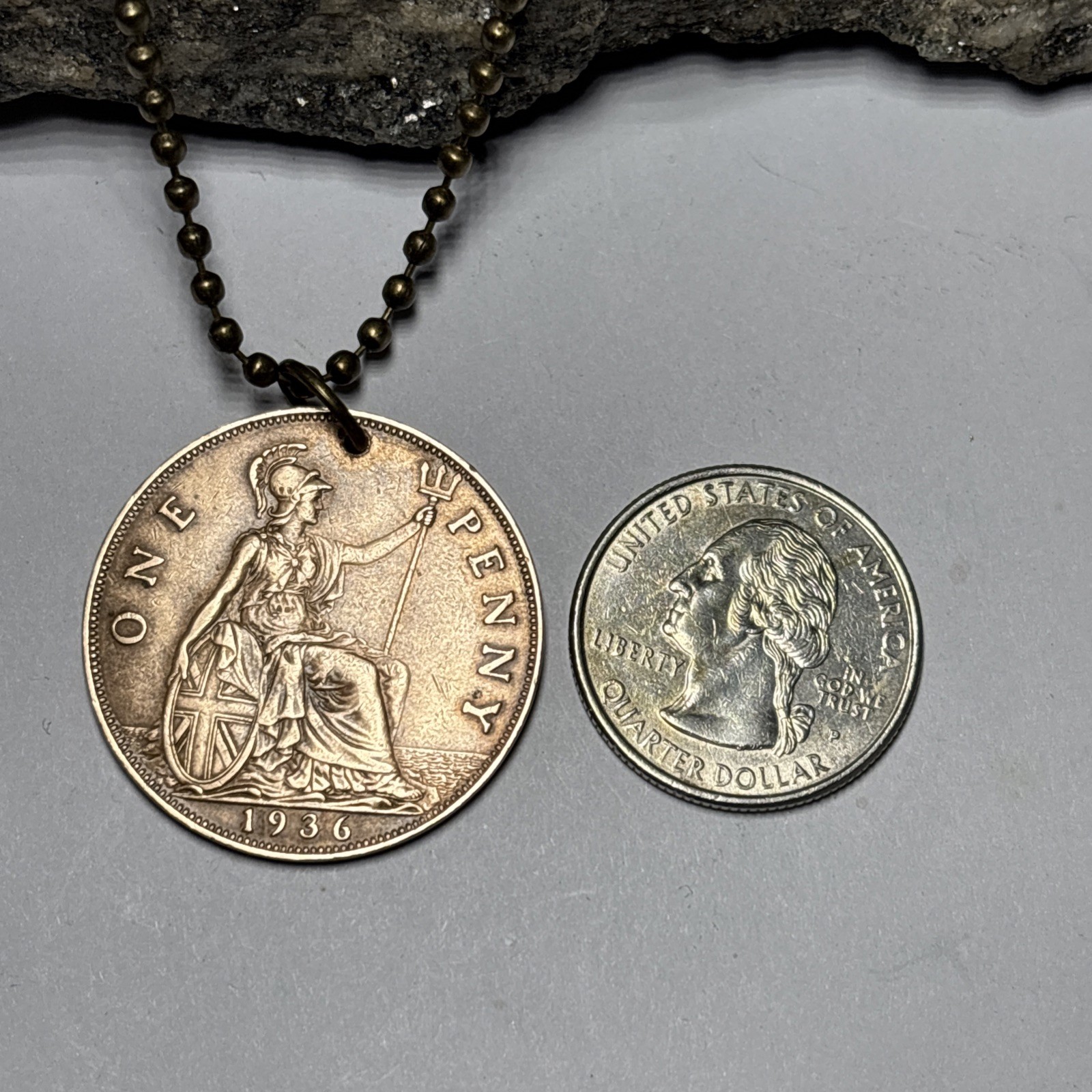 1936 United Kingdom Large Penny Great Britain Coin Pendant. 🎁 Wear History!