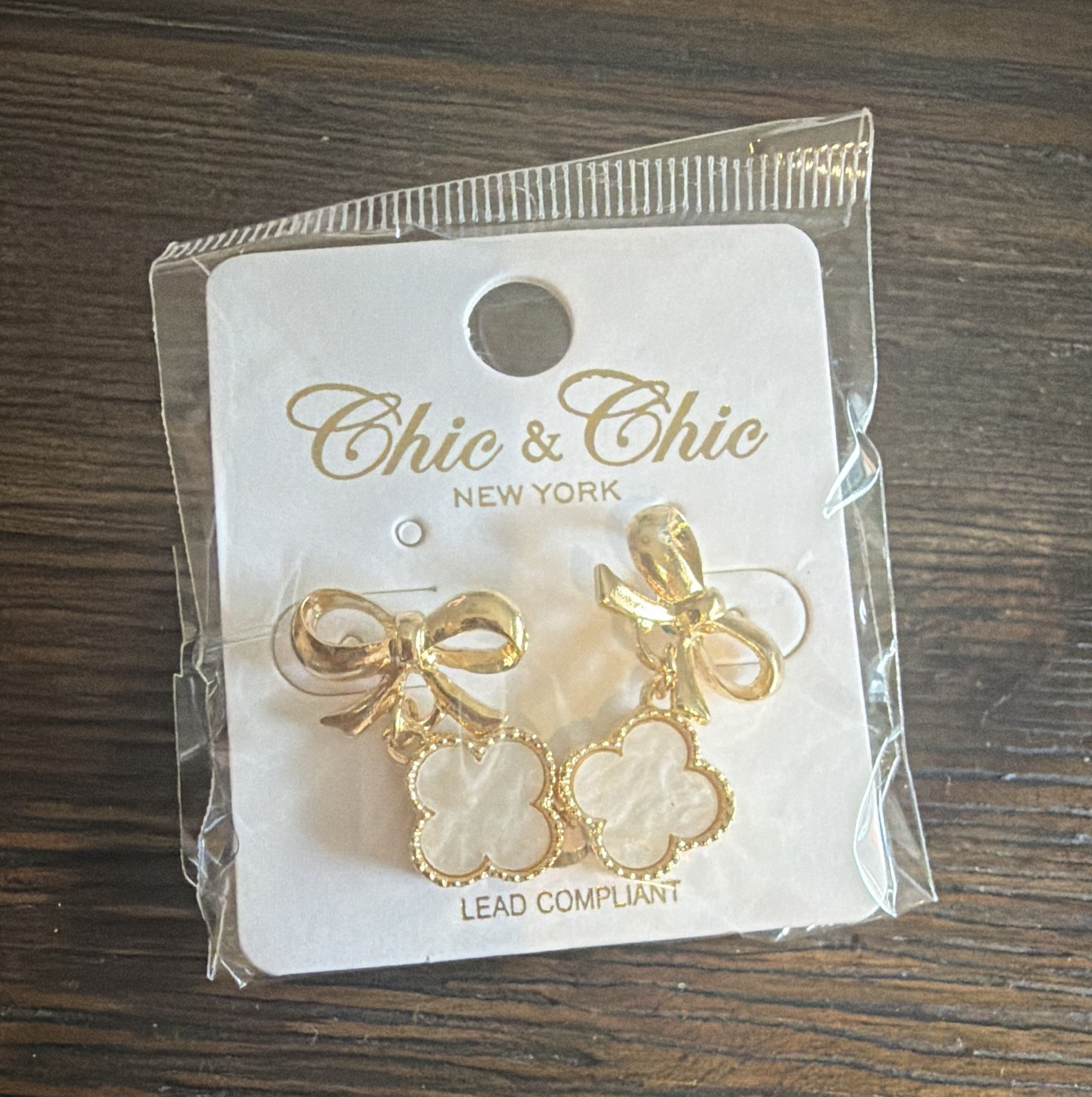 Chic & Chic Gold Tone Bow Clover Drop Earrings White Nickel-Free Butterfly