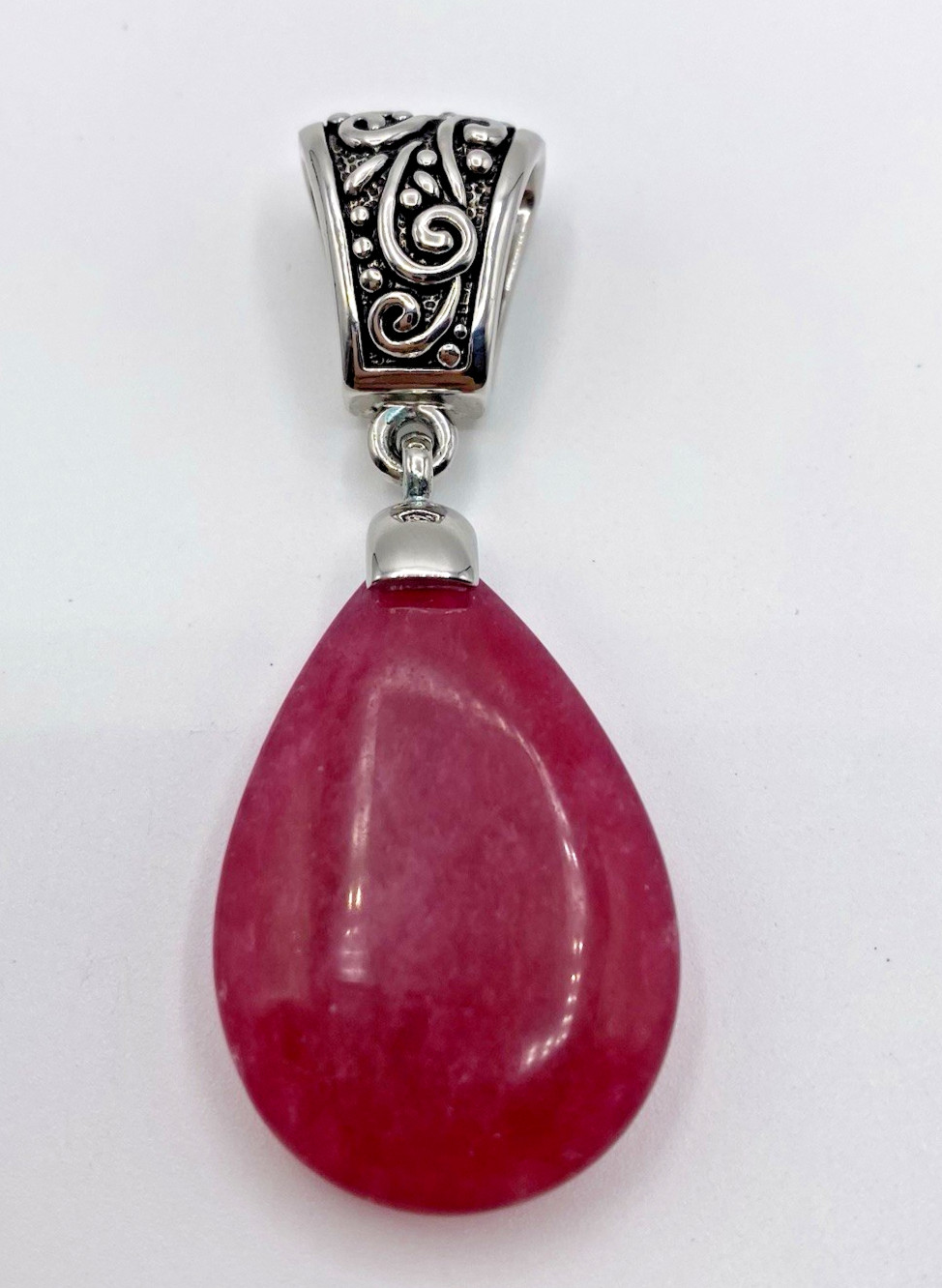 Bali Style Pendant Dark Pink Natural Stone Teardrop Silver-Tone 2.25 inches