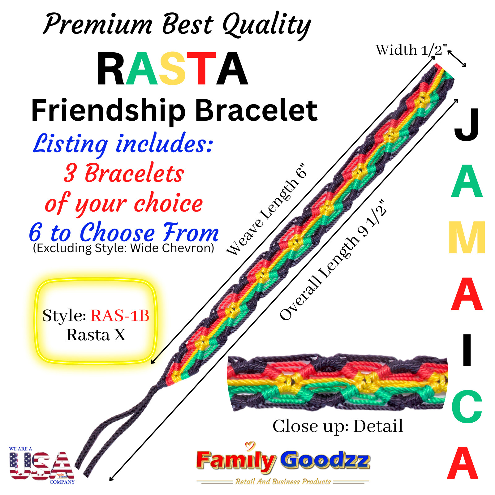🌈 Threaded Hand Woven Rainbow Friendship Bracelet Bob Marley Rasta, USA (3 pcs)