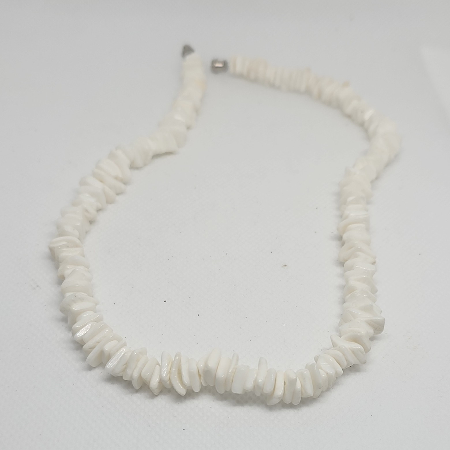 White Puka Shell Chip Beaded Necklace Ball/Bead Chain Barrel Clasp