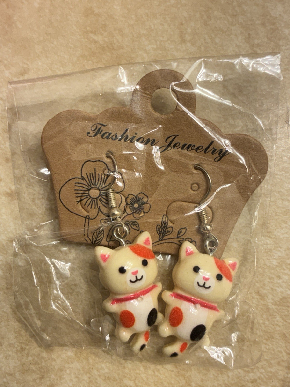 White Cat Dangle/Drop Hook Earrings, Silver Tone Plastic, both pairs